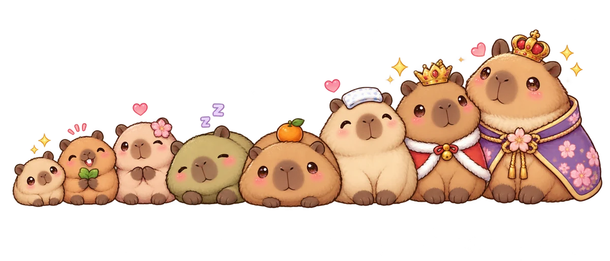 Eight original plush capybaras from Babybara to crowned Capyzilla